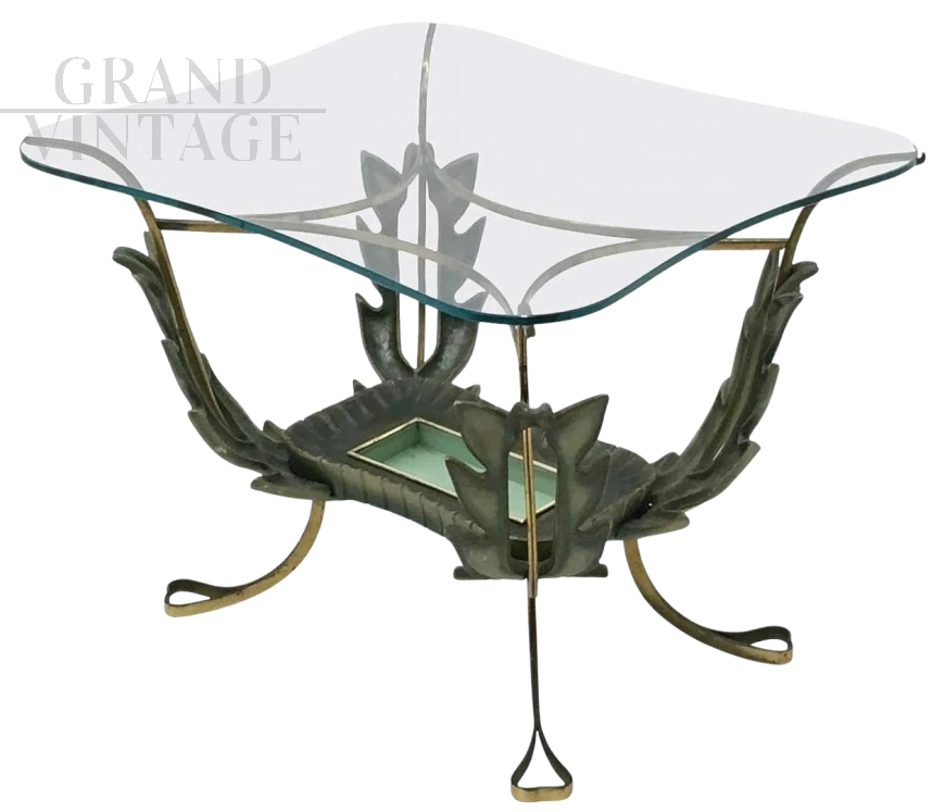 Tavolino di Pier Luigi Colli in ottone con piano in vetro                            