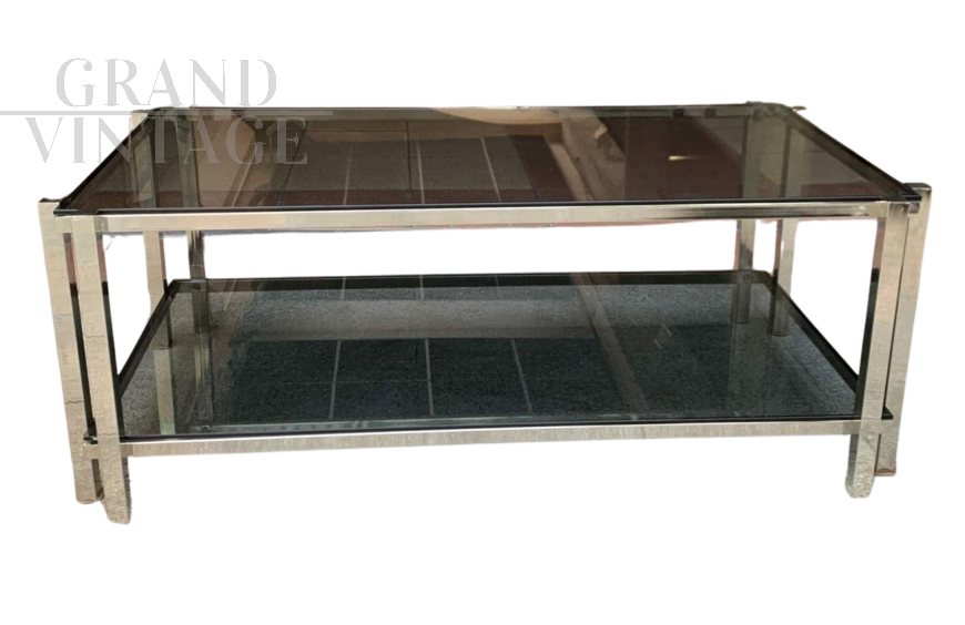 Tavolino nello stile di Jacques Adnet in ottone e vetro fumé                            