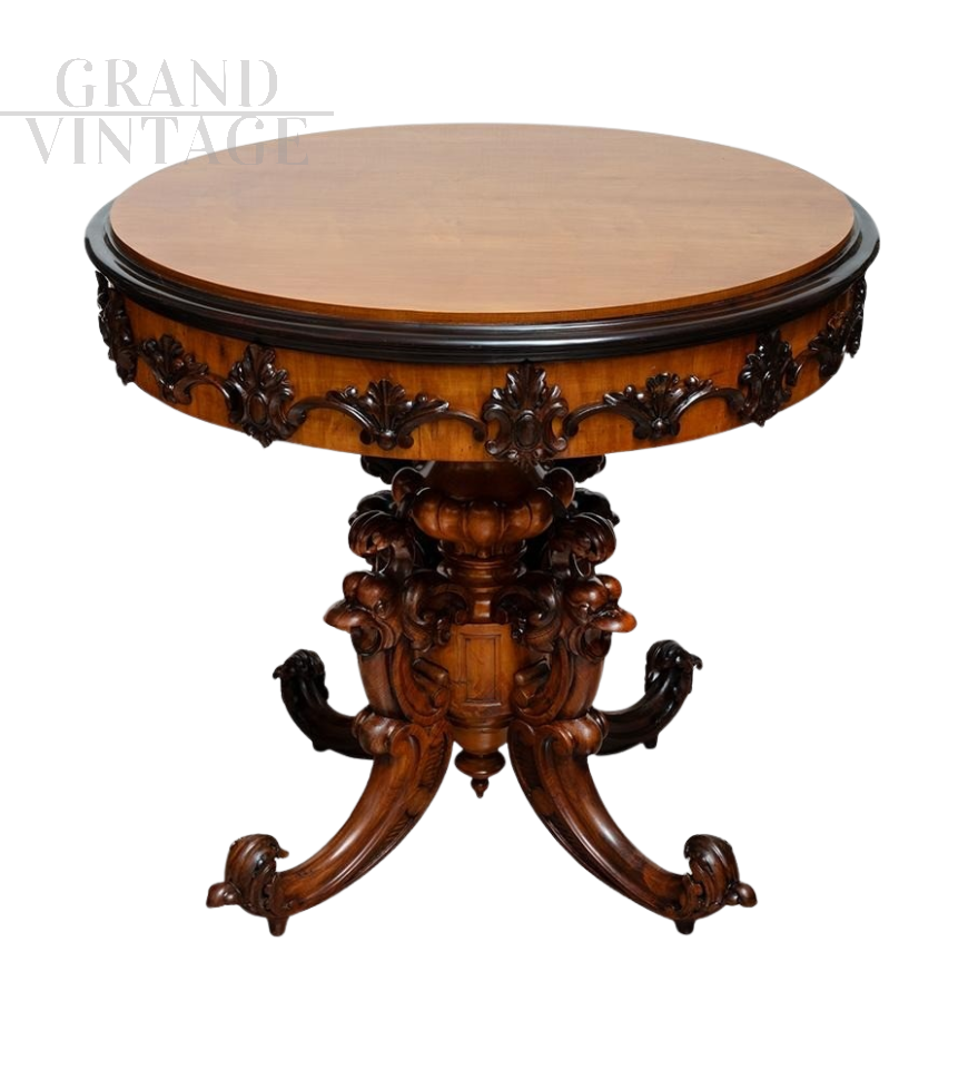 Tavolino rotondo antico Luigi Filippo Francese scolpito in acero e mogano                            