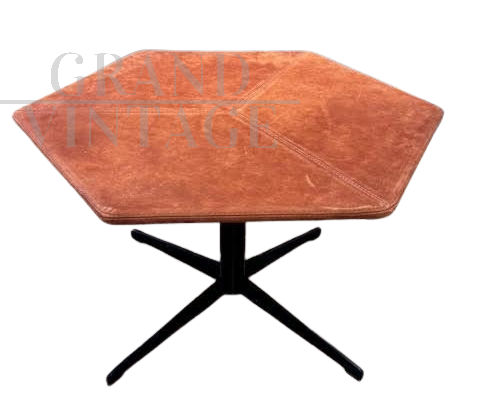 Tavolino vintage esagonale con piano in alcantara cognac                            