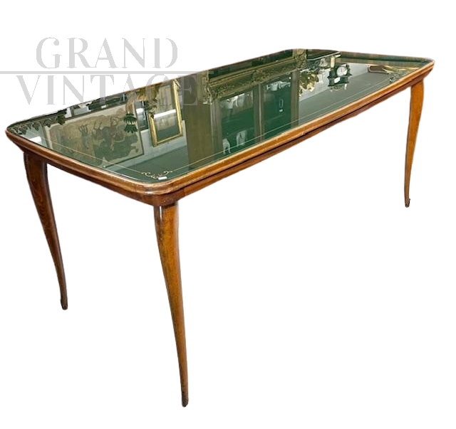 Tavolo modernariato anni '60 con piano in vetro verde                            