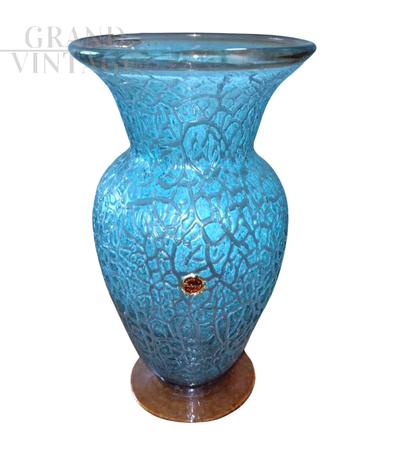 Vaso vintage in vetro di Murano azzurro effetto craquelé                            