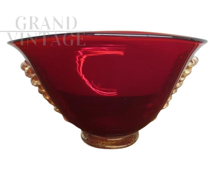 Vaso Art Déco a vasca in vetro Murano bordeaux e oro, anni '40                            