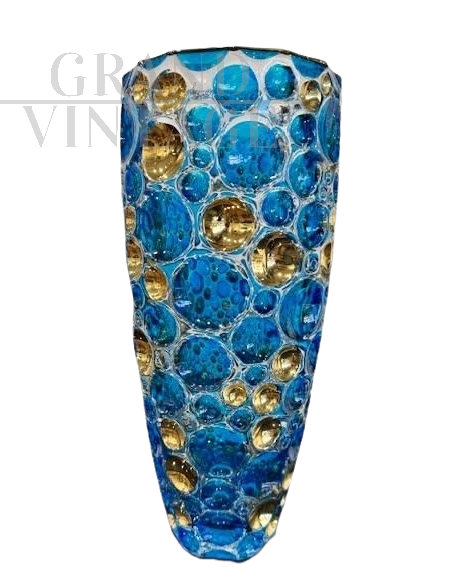 Vaso in vetro di Murano azzurro con oro                            