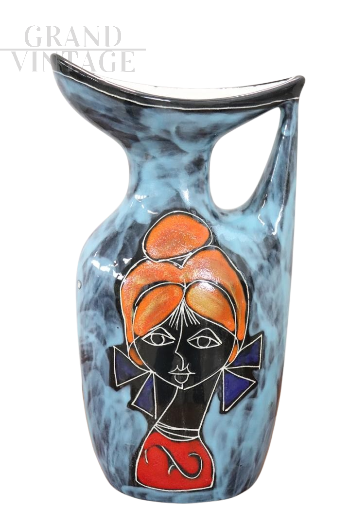 Vaso o caraffa vintage in ceramica con decoro smaltato, anni '60                            