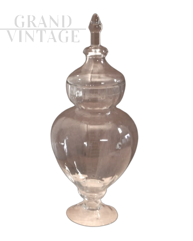 Vaso vintage in vetro con coperchio, anni '80                            