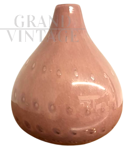 Vaso vintage in vetro di Murano rosa con bolle, metà XX secolo                            