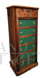 Vintage wooden filing cabinet with green cloth drawers