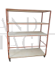 Industrial wood and orange metal shelf trolley, 1970s