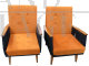 Pair of vintage design armchairs in wood and orange fabric     