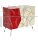 Design sideboard covered in red and parchment-colored glass