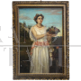 Antico dipinto con soggetto greco, olio su tela dell'800 con cornice dorata