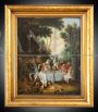 Banchetto di aristocratici in campagna - dipinto antico olio su tela dell'800                            