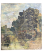 Dipinto antico di paesaggio lacustre, olio su tela dei primi dell'800                            