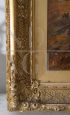 Dipinto antico olio su tela raffigurante paesaggio fluviale con figure