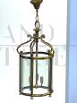 Lampadario a sospensione a lanterna in ottone e vetro, anni '40                            