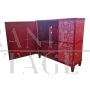 Credenza mobile bar design in legno laccato rosso e intarsiato