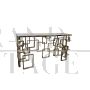 Consolle bifacciale geometrica in acciaio cromo-oro e top in vetro di Murano multicolore