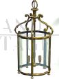 Lampadario a sospensione a lanterna in ottone e vetro, anni '40                            