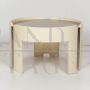 Tavolino design rotondo anni '70 in legno bianco e vetro
