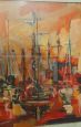 Romolo Pontecorvi - dipinto di imbarcazioni al molo, 1966                            