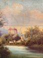 Dipinto antico di scuola austriaca con paesaggio fluviale, olio su tela del XIX secolo                            