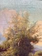 Dipinto antico di scuola austriaca con paesaggio fluviale, olio su tela del XIX secolo