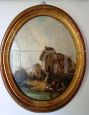Paesaggio, dipinto antico ovale di Steffani Luigi, olio su tavola