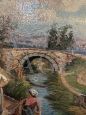 Dipinto Scena Campestre con lavandaie, Scuola Posillipo, olio su tavola 
