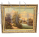 Dipinto antico di scuola austriaca con paesaggio fluviale, olio su tela del XIX secolo                            
