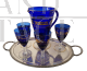 Servizio di bicchieri e caraffa in vetro di Murano blu con decori oro, metà '800                            