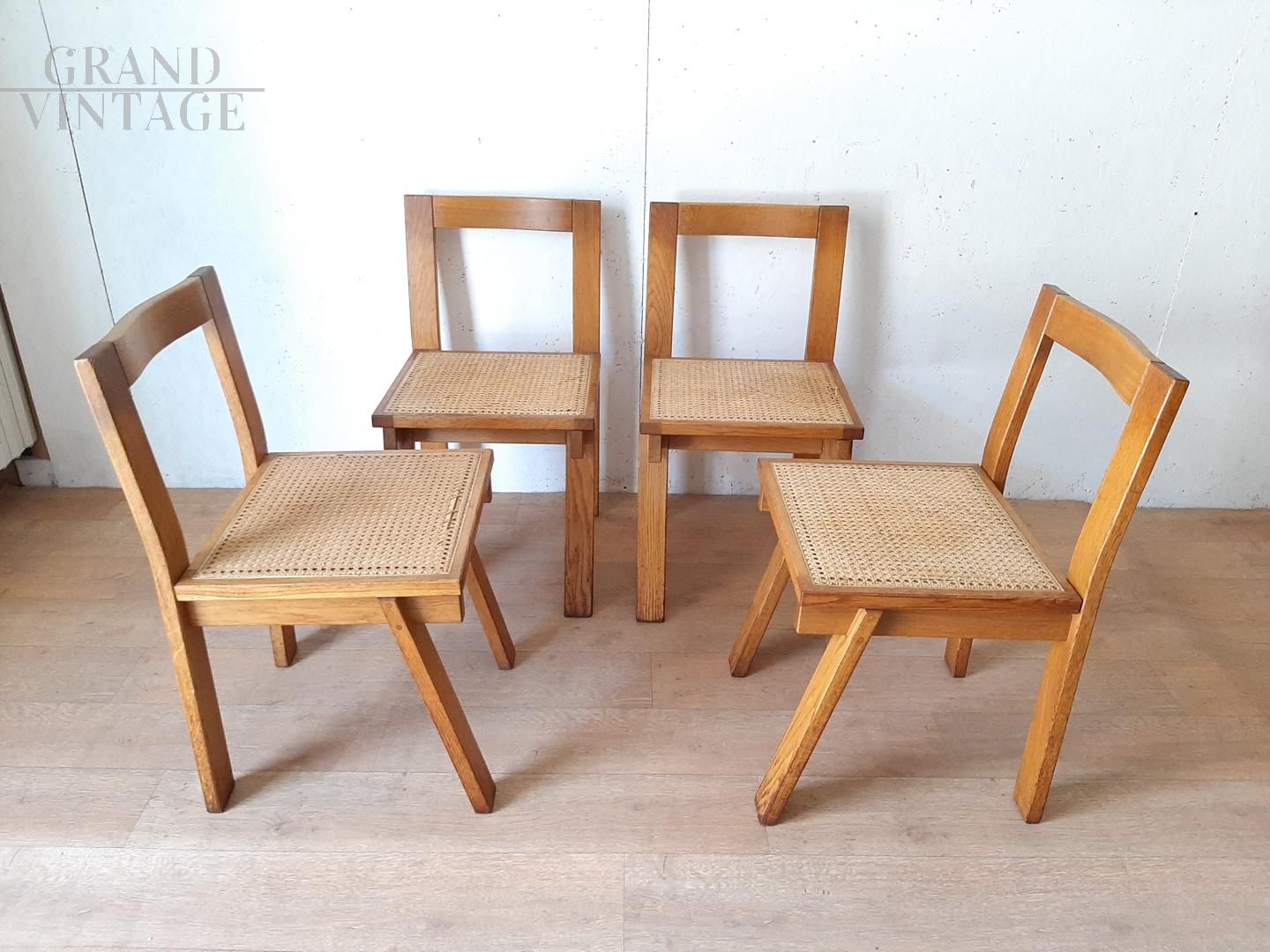 Set di 4 sedie vintage modernariato in rovere naturale e paglia di