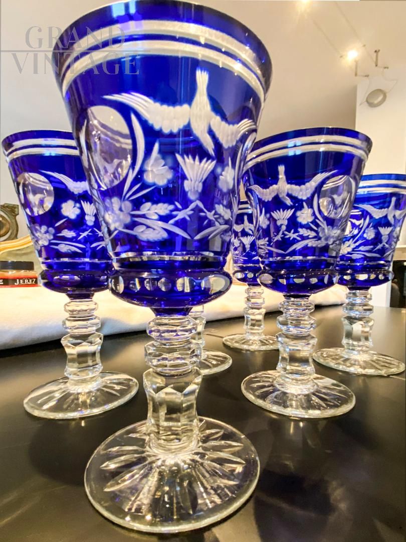 Set di 12 bicchieri e calici in vetro di Murano blu finemente decorato,  Italia anni '70