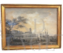 Dipinto antico a grisaglia su carta con scena portuale, XVIII secolo                            