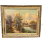 Dipinto antico di scuola austriaca con paesaggio fluviale, olio su tela del XIX secolo                            