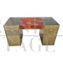 Scrivania design in ottone e radica con cassettiera                            