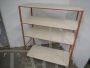 Carrello scaffale industriale in legno e metallo arancione, anni '70