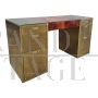 Scrivania design in ottone e radica con cassettiera                            