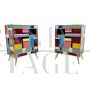 Coppia di comodini in legno e vetro multicolore                            