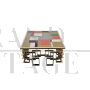 Tavolino basso da salotto in acciaio cromo-oro e top in vetro multicolore                            