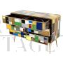 Cassettiera comò design rivestita con vetri di Murano multicolore, anni '80
