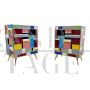 Coppia di comodini in legno e vetro multicolore