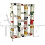 Libreria a giorno in legno rivestita in vetro colorato in stile Mondrian