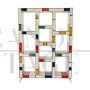 Libreria a giorno in legno rivestita in vetro colorato in stile Mondrian