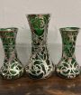 Trittico di vasi liberty in vetro verde e argento anni '30                            