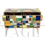 Cassettiera comò design rivestita con vetri di Murano multicolore, anni '80