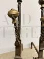 Coppia di alari antichi in ferro battuto e bronzo, XVII secolo