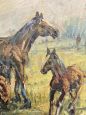Cavalli al pascolo - dipinto antico olio su tela del 1900                            