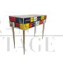 Consolle in vetro colorato e ottone con due cassetti