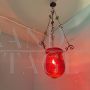 Lampadario antico in vetro rosso con inserti di vetro a piombo, fine '800